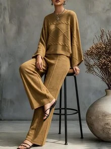 SHEIN LUNE Autumn/Winter New Elegant Casual Mustard Yellow Twisted Rope Texture Shoulder Batwing Sleeve Short Top Straight Leg Long Pants Daily Commute Women's Fashion Knit Pullover Sweater Two Pieces Set - Yellow - View 5