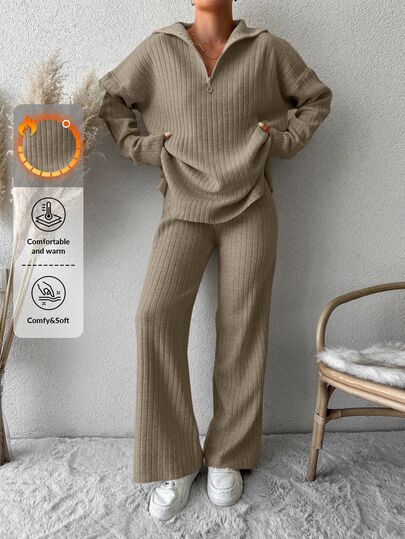 SHEIN Cottnline طقم نسائي مقاس كبير من قطعتين شتوي لعيد الشكر، كنزة صوف محبوكة رمادية سادة بأكتاف منسدلة وسحاب أمامي مع بنطال كاجوال بخصر عالي، رسمي