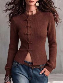 SHEIN LUNE Women's Fall/ Solid Color Frog Button Design Long Sleeve Elegant Retro Knit Cardigan Everyday Date Brown - Brown - View 2