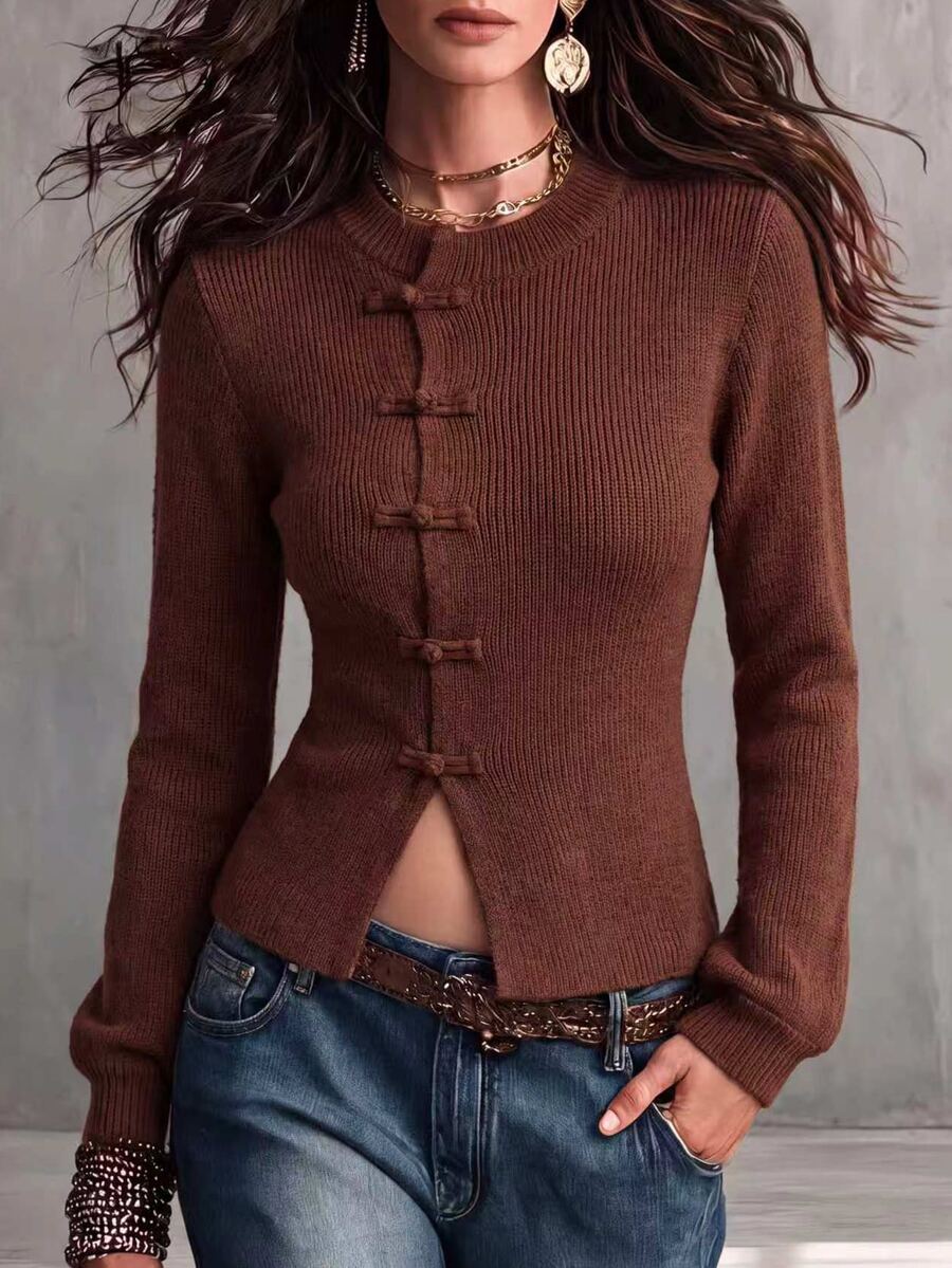 SHEIN LUNE Women's Fall/ Solid Color Frog Button Design Long Sleeve Elegant Retro Knit Cardigan Everyday Date Brown
