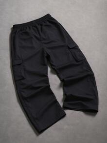 PAVTROS Y2K Contrast Stitch Wide Leg Parachute Cargo Pants, Elastic Drawstring Waist Letter Embroidery Long Pants, Street Style Casual Everyday Wear - Black - View 2