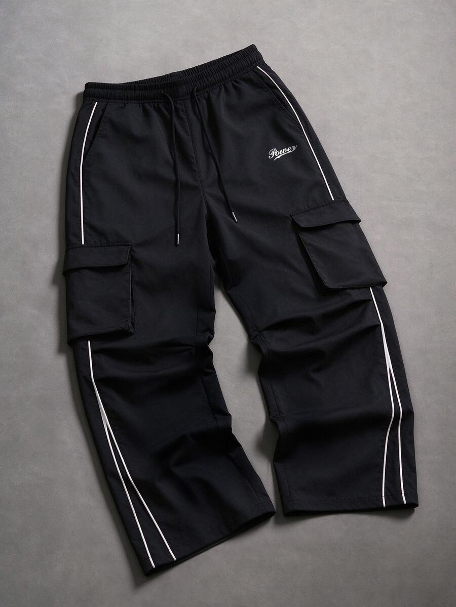 PAVTROS Y2K Contrast Stitch Wide Leg Parachute Cargo Pants, Elastic Drawstring Waist Letter Embroidery Long Pants, Street Style Casual Everyday Wear - Black - View 1