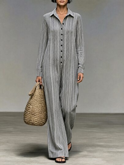 SHEIN Franclia Striped Print Shirt Collar Long Sleeve Elegant Casual Women's Jumpsuit, Suitable For Daily Outings, Office Commute, Women's Vacation Wear, Country Style