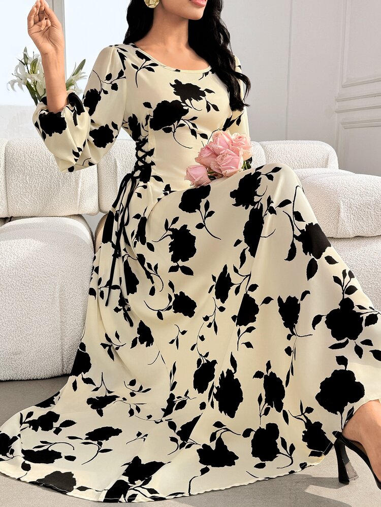 Modelyn Round Neck Lantern Sleeve Floral Print Draw Cord Side Abayas Dress,Modest - Apricot - View 3
