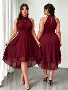 Elenzga Plus Size Round Neck Sleeveless Double Layer Ruffle Hem Asymmetrical Hem Dress - Burgundy - View 1