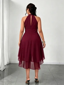 Elenzga Plus Size Round Neck Sleeveless Double Layer Ruffle Hem Asymmetrical Hem Dress - Burgundy - View 2