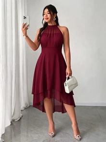 Elenzga Plus Size Round Neck Sleeveless Double Layer Ruffle Hem Asymmetrical Hem Dress - Burgundy - View 3