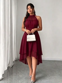 Elenzga Plus Size Round Neck Sleeveless Double Layer Ruffle Hem Asymmetrical Hem Dress - Burgundy - View 4