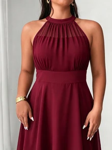 Elenzga Plus Size Round Neck Sleeveless Double Layer Ruffle Hem Asymmetrical Hem Dress - Burgundy - View 7
