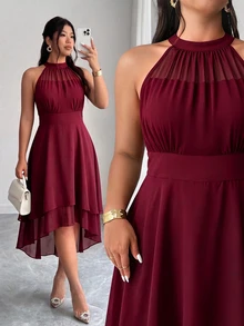 Elenzga Plus Size Round Neck Sleeveless Double Layer Ruffle Hem Asymmetrical Hem Dress - Burgundy - View 5