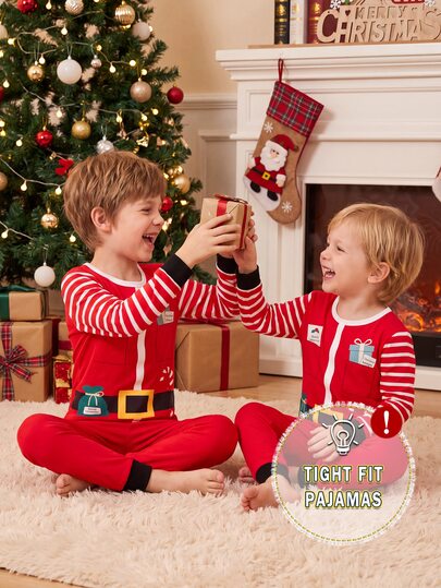 SHEIN Young Boy Autumn/Winter Pajamas 2pcs Christmas Stretchy Snug Fit Long Sleeve Pants Print Striped Cartoon Gift Red