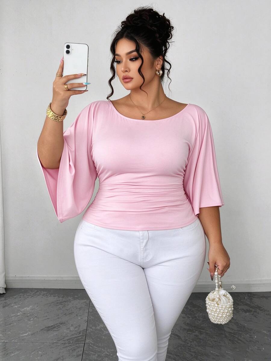 SHEIN Elenzya Plus Size Women's Knitted High Stretch Bell Sleeve Round Neck Solid Color Elegant T-Shirt Fall - Pink - View 1