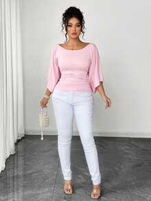 SHEIN Elenzya Plus Size Women's Knitted High Stretch Bell Sleeve Round Neck Solid Color Elegant T-Shirt Fall - Pink - View 3