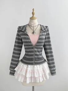 Elamini 女款秋季灰色黑色華夫格抓絨漸層面料修身開襟拉鍊連帽衛衣復古學院風龐克Y2K休閒街頭大學風 - 灰色 - 查看 4