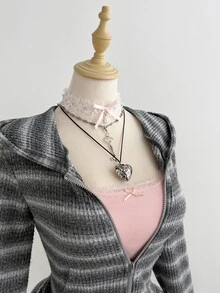 Elamini 女款秋季灰色黑色華夫格抓絨漸層面料修身開襟拉鍊連帽衛衣復古學院風龐克Y2K休閒街頭大學風 - 灰色 - 查看 5
