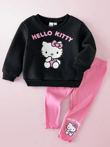 HELLO KITTY AND FRIENDS | SHEIN 2件組女嬰女童休閒舒適冬季印花長袖套頭衛衣與內搭褲兩件套，適合秋冬 - 黑色 - 查看 6