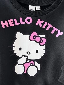 HELLO KITTY AND FRIENDS | SHEIN 2件組女嬰女童休閒舒適冬季印花長袖套頭衛衣與內搭褲兩件套，適合秋冬 - 黑色 - 查看 4