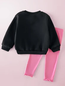HELLO KITTY AND FRIENDS | SHEIN 2件組女嬰女童休閒舒適冬季印花長袖套頭衛衣與內搭褲兩件套，適合秋冬 - 黑色 - 查看 2