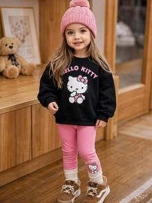 HELLO KITTY AND FRIENDS | SHEIN 2件組女嬰女童休閒舒適冬季印花長袖套頭衛衣與內搭褲兩件套，適合秋冬 - 黑色 - 查看 1