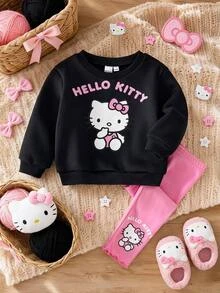 HELLO KITTY AND FRIENDS | SHEIN 2件組女嬰女童休閒舒適冬季印花長袖套頭衛衣與內搭褲兩件套，適合秋冬 - 黑色 - 查看 8