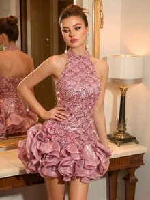 Poshira Elegant Sequined Pearl Beaded Ruffled Party Dress Is Perfect For Birthday Parties - Pink - View 8