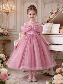 SHEIN Glamorique Kids 女孩優雅粉色薄紗網紗洋裝 | 女孩露肩刺繡派對禮服 | 兒童花童晚禮服 - 粉色 - 查看 2