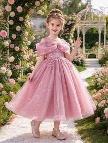 SHEIN Glamorique Kids 女孩優雅粉色薄紗網紗洋裝 | 女孩露肩刺繡派對禮服 | 兒童花童晚禮服 - 粉色 - 查看 3