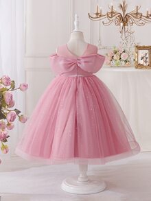 SHEIN Glamorique Kids 女孩優雅粉色薄紗網紗洋裝 | 女孩露肩刺繡派對禮服 | 兒童花童晚禮服 - 粉色 - 查看 4