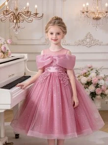SHEIN Glamorique Kids 女孩優雅粉色薄紗網紗洋裝 | 女孩露肩刺繡派對禮服 | 兒童花童晚禮服 - 粉色 - 查看 6