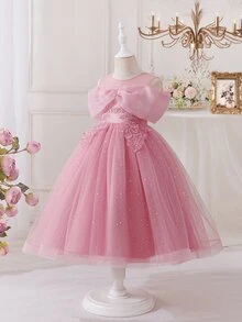 SHEIN Glamorique Kids 女孩優雅粉色薄紗網紗洋裝 | 女孩露肩刺繡派對禮服 | 兒童花童晚禮服 - 粉色 - 查看 5