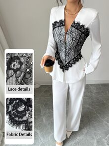 Modelyn Women's Spring/Summer Lace Contrast Color Patchwork V-Neck Elegant Fashion Suit Set - Multicolor - View 5