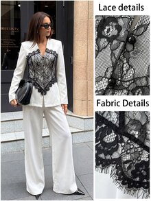 Modelyn Women's Spring/Summer Lace Contrast Color Patchwork V-Neck Elegant Fashion Suit Set - Multicolor - View 7