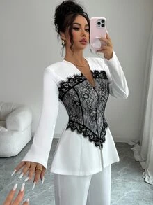 Modelyn Women's Spring/Summer Lace Contrast Color Patchwork V-Neck Elegant Fashion Suit Set - Multicolor - View 8