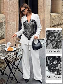 Modelyn Women's Spring/Summer Lace Contrast Color Patchwork V-Neck Elegant Fashion Suit Set - Multicolor - View 6