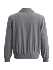 Autumn Grey Premium Padded Shoulder Pocket Textured Pleated Fabric Casual Loose Zipper Lapel Jacket Thin Outerwear - Grey - View 2