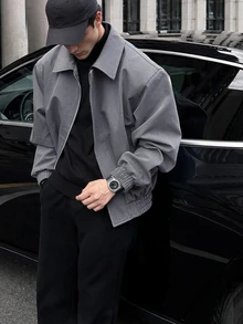 Autumn Grey Premium Padded Shoulder Pocket Textured Pleated Fabric Casual Loose Zipper Lapel Jacket Thin Outerwear - Grey - View 1