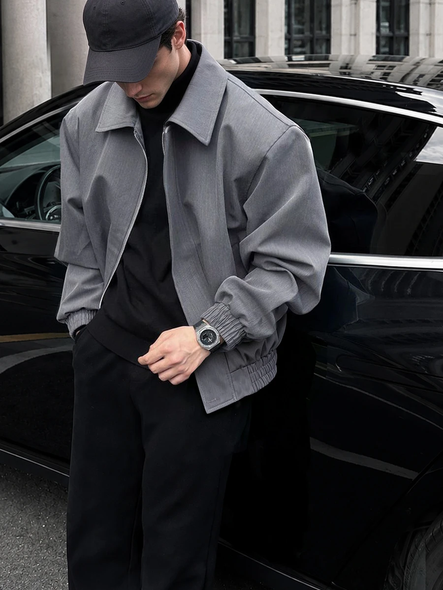 Autumn Grey Premium Padded Shoulder Pocket Textured Pleated Fabric Casual Loose Zipper Lapel Jacket Thin Outerwear - Grey - View 1