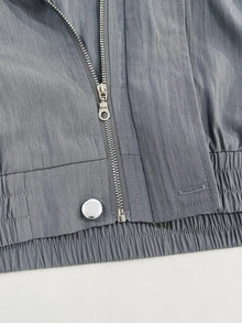 Autumn Grey Premium Padded Shoulder Pocket Textured Pleated Fabric Casual Loose Zipper Lapel Jacket Thin Outerwear - Grey - View 5