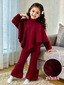 Elladie kids 青少年女孩酒紅色 T-shirt 2 件套，設計感不對稱高領針織上衣搭配喇叭褲，秋冬款，優雅可愛親子套裝 - 酒紅色 - 查看 5