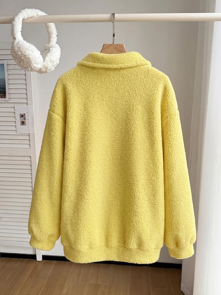 Comfortcana Plus Size Autumn/Winter Lamb Wool Zip-Up Half-Placket Sweatshirt Fall - Pale Yellow - View 2