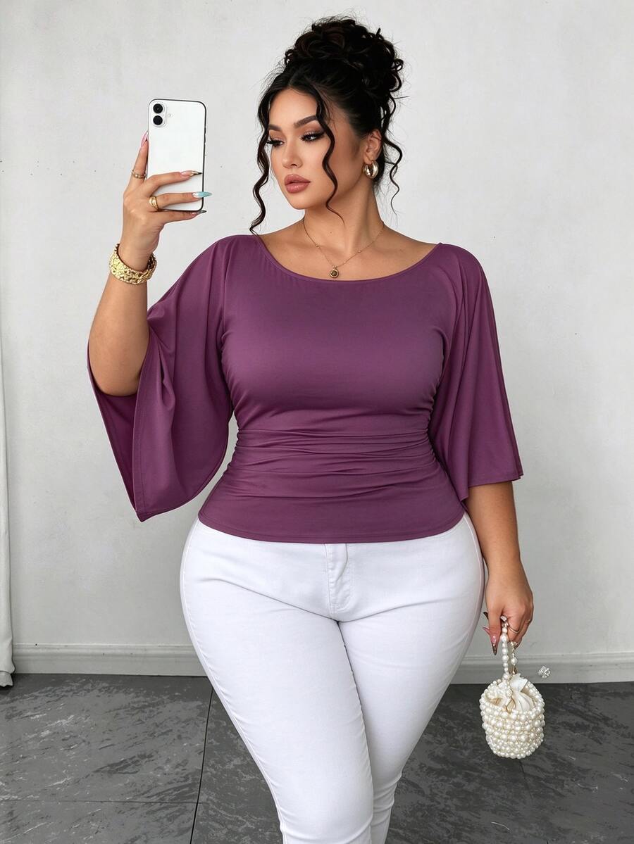 SHEIN Elenzya 大码女式针织高弹喇叭袖圆领纯色优雅T恤 - 紫色 - 查看 1