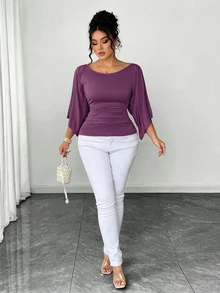 SHEIN Elenzya 大码女式针织高弹喇叭袖圆领纯色优雅T恤 - 紫色 - 查看 4