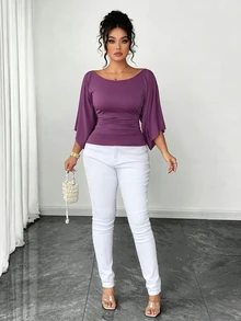 SHEIN Elenzya 大码女式针织高弹喇叭袖圆领纯色优雅T恤 - 紫色 - 查看 3