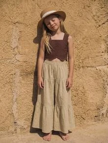Joliand Joliand Young Girl Woven Solid Color Square Neck Ruffle Trim Casual Tank Top And Long Pants 2pcs Set - Apricot - View 2