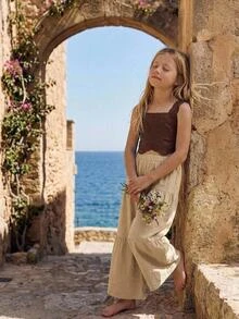Joliand Joliand Young Girl Woven Solid Color Square Neck Ruffle Trim Casual Tank Top And Long Pants 2pcs Set - Apricot - View 4