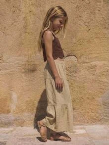 Joliand Joliand Young Girl Woven Solid Color Square Neck Ruffle Trim Casual Tank Top And Long Pants 2pcs Set - Apricot - View 3