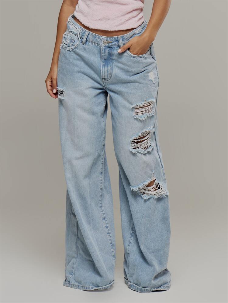 MUSERA Distressed Ripped Low Rise Loose Baggy Fit Denim Jeans Autumn Fall Winter Daily Back To School Pink Pony - Blue - View 2