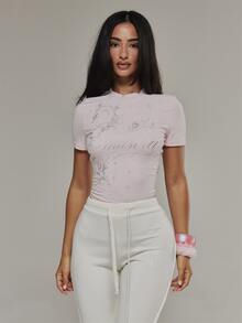 MUSERA Silver Foil Graphic Printed Fitted Crewneck Tee Autumn Fall Winter Daily Back To School Pink Pony - Pink - View 1