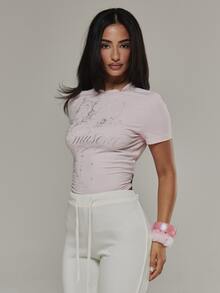 MUSERA Silver Foil Graphic Printed Fitted Crewneck Tee Autumn Fall Winter Daily Back To School Pink Pony - Pink - View 4