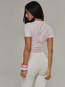 MUSERA Silver Foil Graphic Printed Fitted Crewneck Tee Autumn Fall Winter Daily Back To School Pink Pony - Pink - View 5